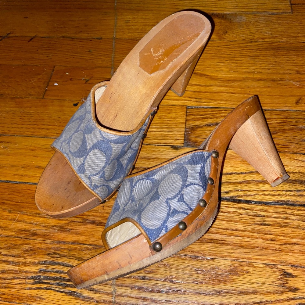 Early 2000s y2k coach wood mule heels denim